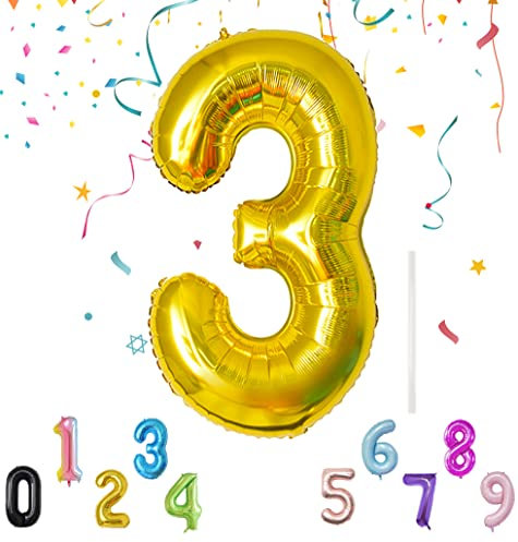 Luftballon mit Strohhalm 100cm-40 XXL Riesen Folienballon für Geburtstagsdeko Jubiläum, Helium Zahlenballon für Deko zum Party, Wiederverwendbare Folienballons - Gold Zahlen 3 Luftballon