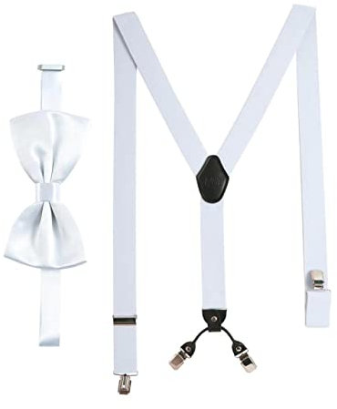 Massi Morino Hosenträger mit Fliege Weiß Set für Herren und Damen I Y-Form Träger elastisch mit extra starken Clips - 3,5cm breit - längenverstellbar I Vorgebundener Schlips für Anzug