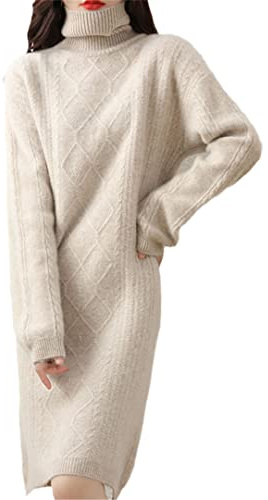 Ownwfeat Ladies Turtleneck Cashmere Wool Dress Long Sleeve Loose Knit Long Dress
