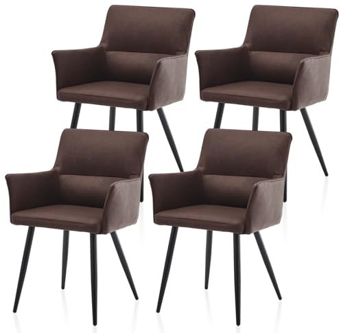 TUKAILAI Esszimmerstühle 4er-Set aus Kunstleder, Küchenstuhl mit Armlehnen, Rückenlehne, Metallbeine, Freizeit Polsterstuhl Wohnzimmer-Sessel für Esszimmer Küche Empfang Modern, Braun