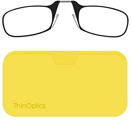 ThinOptics Reading Glasses 2.50 Black Frames with Yellow Universal Pod Compact Case - Ultra-light Foldable Rectangular Glasses - Clip-on Nose - 2.50 Strength with Flex-Fit Technology