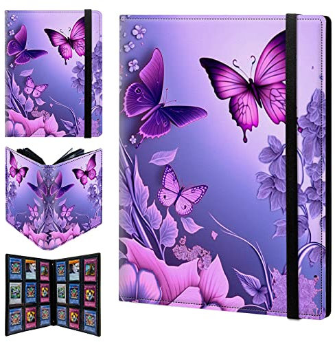 CGFGHHUY Card Binder 9 Pocket Trading Card Album Folder 540 Side Loading Pocket Binder Baseball Card Binder with Pink Flower Purple Butterflies Pattern Design Card Binder for Game Cards & Sports Cards