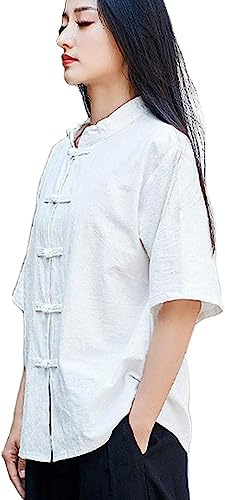 Lazutom Chemise à manches courtes en coton et lin pour femme - Motif grenouille chinoise - Kung Fu, Tai Chi Zen - Tenue d'arts martiaux
