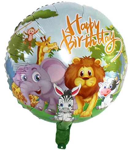 Folienballon Happy Birthday, Rund 45 cm, Tiermotive Löwe, Elefant, Zebra, Giraffe - Perfekt für Kindergeburtstage, Partydekoration, Feierlichkeiten, Jubiläen, Überraschungen und besondere Anlässe