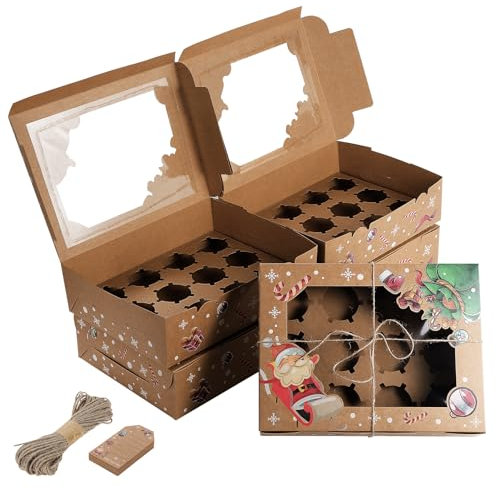 Coptiner 10PCS 12 Holes Cupcake Box with Window and Insert Kraft Paper Cake Box Biscuit Box Bread Box Cupcake Carrier