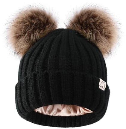 Hat Hut Berretto Invernale Donna con Pompon Cappelli Invernali in Raso Foderato per Capelli Ricci Caldo Pom Pom Beanie a Maglia Bobble Hat