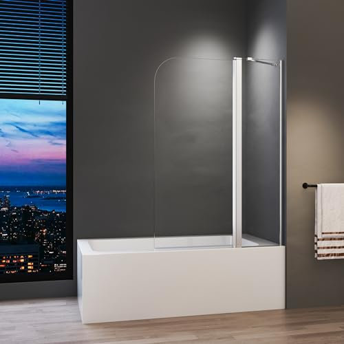 Duschwand für Badewanne 90 x 140 cm Silber Duschtrennwand mit Stabilisator Duschabtrennung mit 6mm Nano Glas