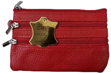 Porte Monnaie - Portefeuille - Multi Poches - en Cuir de vahette grainé véritable - pour Homme ou Femme - 3 Zips (Rouge)