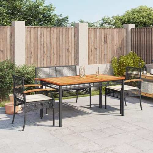 Rantry 4-teiliges Garten-Esszimmer-Set mit Kissen, schwarzes Poly-Rattan, Esstisch und Stühle, Outdoor, Terrasse, Wintergarten, Balkon, Hinterhof, Pool, Möbel-Set