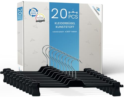 RSR Hangers Hosenbügel 20 Stück PUC Hosenspanner Kleiderbügel Kunststoff 30 cm | rutschfeste gummierte und verstellbare Klammern | 360° drehbarer Haken | platzsparend | Made in Germany