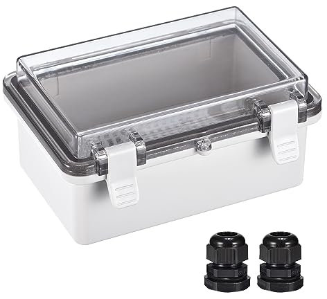 sourcing map Junction Box Electrical Enclosure IP67 Waterproof ABS Plastic with Hinged Cover, Mounting Plate, Wall Brackets, Cable Glands 5.9 x 3.9 x 2.8 Inch