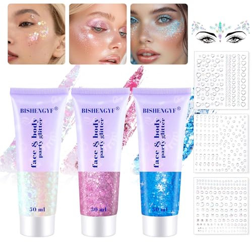 BISHENGYF 3Pcs Festival Face and Body Glitter Set - Rhinestone Stickers, Hair Makeup Gel in Rose Blue White, Holo Lips Nail with DIY Party Adhesive