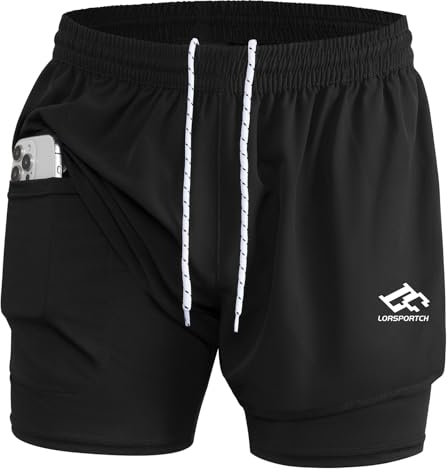 LORSPORTCH Herren Laufshorts 2 in 1 Shorts Gym Athletic Shorts Outdoor Marathon Workout Trainingsshorts Mit Eingebaut Taschen Schwarz M