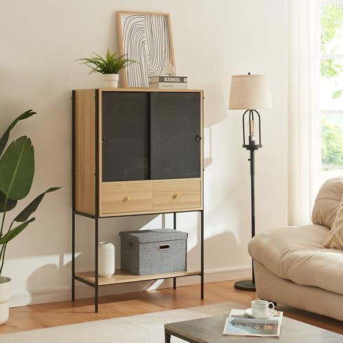 [en.casa] Buffet Haut avec 2 Portes Couilssantes 3 Compartiments de Rangement 2 Tiroirs Armoire Placard Meuble Polyvalent Panneau de Particules Métal 140 x 80 x 40 cm Effet Chêne Noir