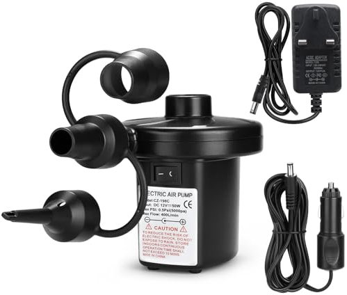 Electric Air Pump with 3 Nozzles, 110V-240 AC/12V DC, Portable Quick-Fill Fill Inflator Deflator Pumps for Outdoor Camping, Inflatable Cushions, Air Mattress Beds, Boats, Swimming Ring Beach Toys
