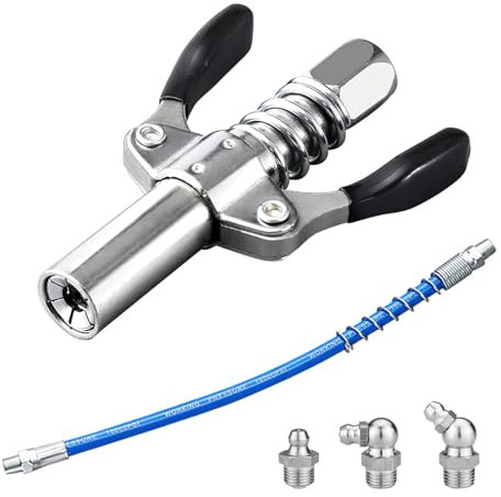 ZOCONE Fettpresse Mundstück Doppelgriff Fettpresse Kupplung mit 30cm Fettpresse Schlauch und 3PCS Schmiernippel, Coupler Fettpresse für Schmiernippel Fettpresse Aufsatz Passend für M6/M8/M10/M12/M14