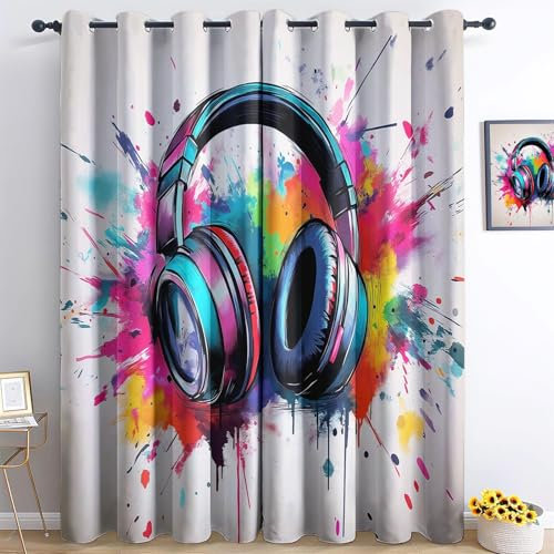 Bedruckte Verdunkelungsvorhänge mit Ösen Graffiti Kunst, Graffiti Kunst Kopfhörer Blickdicht Thermo Isoliert Vorhänge, Privatsphäre Schützende Gardinen für Schlafzimmer Wohnzimmer 140x160 cm