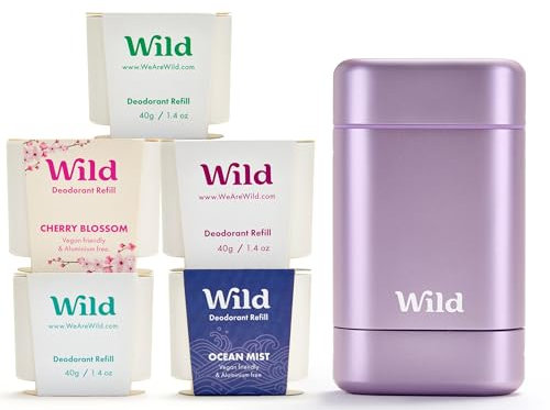 Wild - Das Komplette Starter-Set - Lilafarbener Deobehälter mit 5 x 40g Nachfüllpacks in verschiedenen Clean Düften - Natürliches nachfüllbares Deo - Aluminiumsalzfrei - Lang anhaltender Schutz