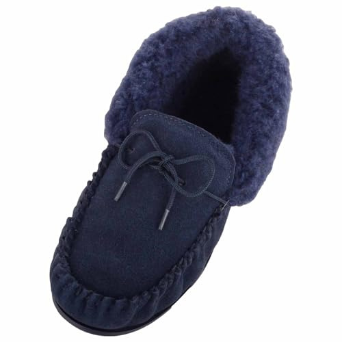 ABSOLUTE FOOTWEAR Womens Wool Lined Suede Moccasin with Wool Cuff and Hard Sole - Navy - UK 6 / EU 39