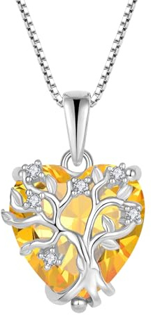 FJ Collier Arbre de Vie pour Femme Argent Sterling 925 Pendentif Coeur Pierre de Naissance Bijoux Cadeaux pour Femme