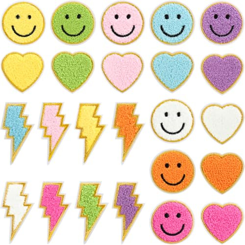 mancyz 24pcs Colorful Chenille Embroidered Patches Preppy Iron on Patches for Girls Cute Glitter Lightning Bolt Sew on Applique DIY Craft Accessories for Backpacks Clothing Jackets Hats