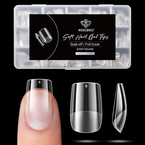 Modelones Square Nail Tips -510Pcs Short Nail Tips for Gel Extensions Half Matte Full Cover Clear Acrylic Gel Kit False Press on Nails Manicure Salon DIY at Home 15 Sizes