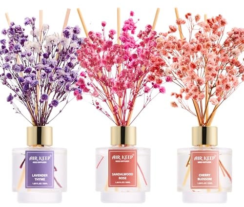 Airkeep Raumduft 50ml x3, Reed Diffuser mit Lavender Thyme, Sandalwood Rose, Cherry Blossom, Raum Duft mit 24 Duftstäbchen, Lufterfrischer für Badezimmer, Wohnung