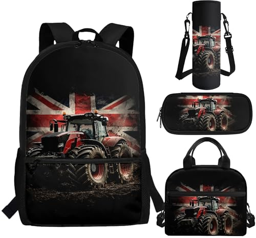 Aplkyhs Tractor Backpack for Middle School Boys Kids School Bag and Lunch Bag Set 4Pcs Elementary High Students Bookbag with Lunch Box Pencil Case Bottle Holder Union Jack Satchel