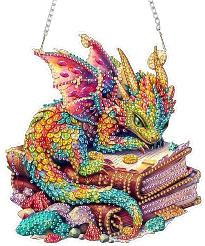 DOMROM Drache Diamond Art Painting Anhänger, Buch Diamond Painting Fensterbilder Anhänger, Diamond Painting Hängende Ornament für Kinder Erwachsene Diamant Malerei Basteln Tür Wand Fenster Deko