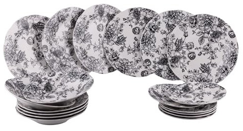 Servizio piatti 18 pezzi in porcellana, 6 posti tavola, decoro floreale, Madame Black
