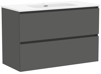 Baikal Mueble de Baño Klay. Mueble MONTADO. 2 Cajones Suspendido con Lavabo. Armario de Baño. Lavabo Ceramico. 100cm Gris Oscuro.