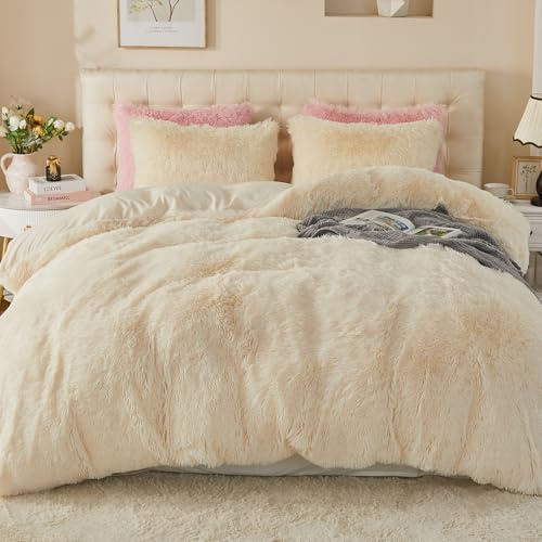 EMME Plüsch Bettwäsche Set 135x200cm, Creme | Biber Flauschige Bettdecke Set für Bett Shaggy und Plüsch weiche Bettwäsche Bettbezüge und 1 Kissenbezug 80x80cm