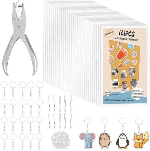 CRTWDMAN 161 Pcs Shrink Paper Keychain Kit,with 30 Pcs Shrinky Plastic Sheets 7.9x5.7,Hole Punch,Lobster Clasps,Jump Rings DIY Crafts for Adults and Teens