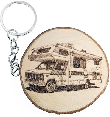 generico Porte-clés en bois naturel avec camping-car, caravane, caravane voyage