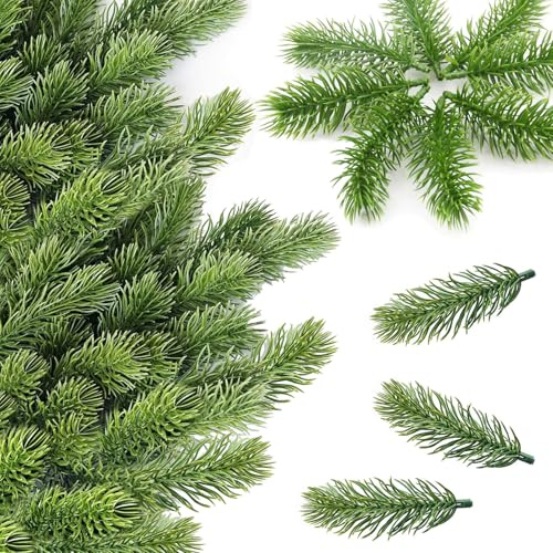 60 Stück Künstliche Tannenzweige, 10 cm Lang Tannengrün Künstlich Pflanzen, Kunststoff Kiefernblätter, Tannenzweige Künstlich wie Echt, Gefälschte Kiefernnadel für DIY Adventskranz Weihnachten Deko