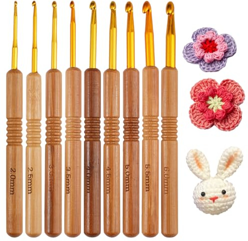 9 Stück Häkelnadeln Set, 2,0-6,0 mm Ergonomischer Häkelnadel Holzgriff | Aluminiumkopf, Holz Stricknadeln für Arthritische Hände, Leichte Crochet Hook Set für Anfänger und Häkelgarn