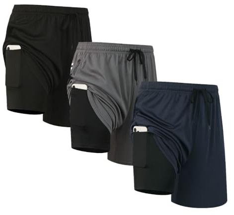 fovdtaa Pack de 3 Shorts de Sport pour Hommes, Shorts 2-en-1, Séchage Rapide, Gym, Course, Entraînement, Vêtements d'Activewear, Shorts de Course pour Hommes avec Poches, XL