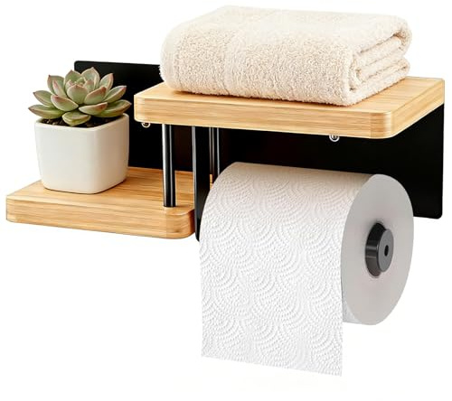 Portarrollos de Papel higiénico de Madera y bambú, no Requiere taladrar, portarrollos para baño y Cocina, portarrollos para taladrar, con Estante (Negro)