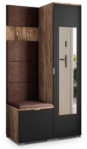 Masseno Flugarderoben Set VIRA, Kleiderschrank-Set mit Spiegel und Sitzbank, Garderobenschrank Flur mit 3 Regalböden, Eiche Lefkas/Schwarz