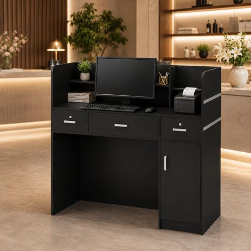 PREMTURE Bancone per ricevimento, nero, 120 cm, bancone per cassa con 3 cassetti (1 chiudibile), porta e ripiani, bancone vendite e bancone per ricevimenti, per negozi, uffici, saloni, 120 x 110 x 48
