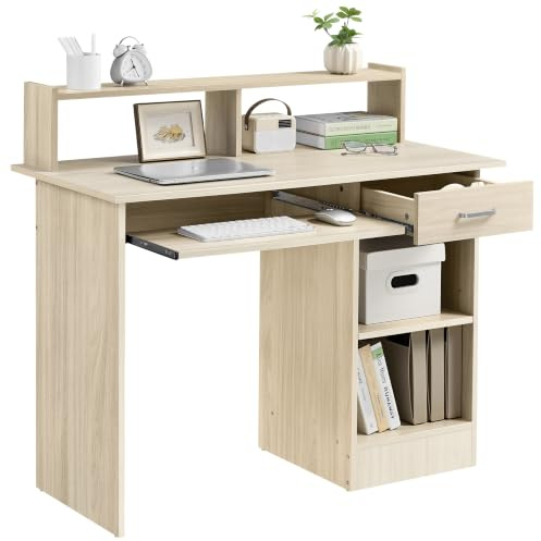 Yaheetech Bureau d'Ordinateur Bois PC Bureau Informatique avec Porte Clavier Coulissant Tiroir et 2 étagères de Rangement Table de Bureaux pour Chambre Studio 106 x 50 x 94 cm