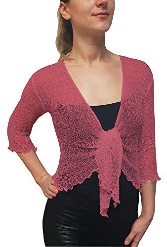 Mimosa Ladies Crochet Shrug Bolero Glitter or Plain Super Stretchy Lace Fish Net Tie at Waist Bolero Open Cardigan Fits UK 6-28 Rose