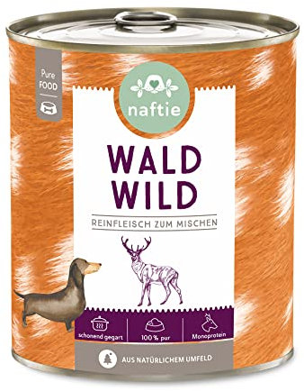 naftie Premium Hundefutter 100% Wald Wild - Reinfleisch pur - Nassfutter zum Mischen, Barf-Fleisch - glutenfrei getreidefrei - 800g Dosen