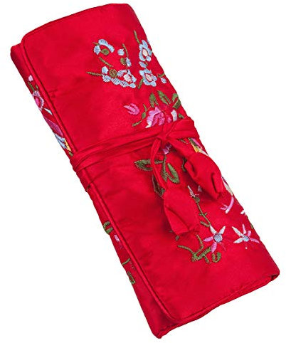 mookaitedcor Garten Design Stickerei Schmuckrolle für Reisen, Schmuck Organizer Reise Schmucktasche für Ringe Ohrringe Halsketten Armbänder, Rot