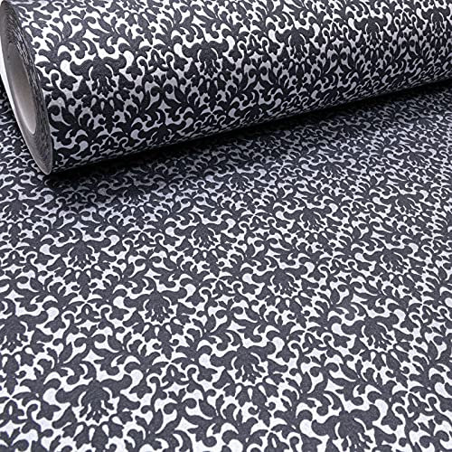 SOPHIE LAURENCE Metallic Damask Pattern Textured Vinyl Thick Wallpaper for Living Room Bedroom Hallway(Black Silver Grey)