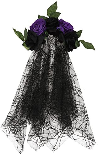Rose Stirnbänder mit Schleier Tag der Toten Haarband mexikanische Blumenkrone Kopfschmuck Haarschmuck für Hochzeit Party Kostüm Schwarz Lila