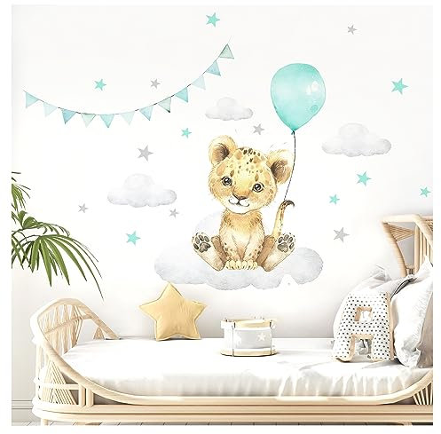 Little Deco Wandsticker Wandtattoo Kinderzimmer Deko Mädchen Junge Tiere Löwe Ballon Wolken Aufkleber Baby Spielzimmer Wandbild selbstklebend Mint DL685-2