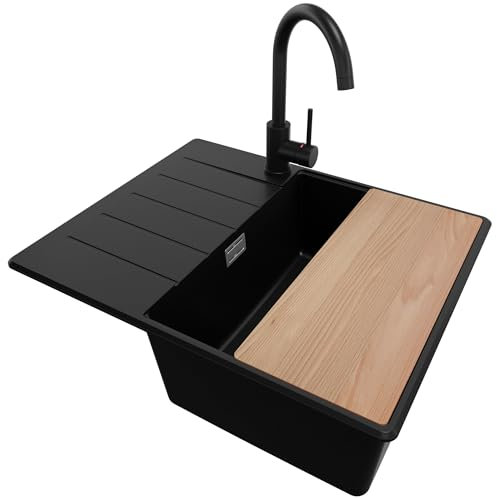 PRIMAGRAN Granitspüle Schwarz 62x50cm, Spülbecken 1 Becken + Küchenarmatur 32x20cm + Zuberhor-Set, Küchenspüle ab 45er Unterschrank - Kopenhagen S218