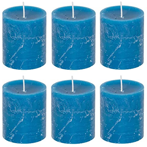 Stumpenkerzen Rustic 6er Set - Stumpenkerze, Blockkerze, Kerze, Adventskranz, Advent - Kein Ruß - Brenndauer: 30 Std. - viele Farben - 7x8 cm (Türkis)