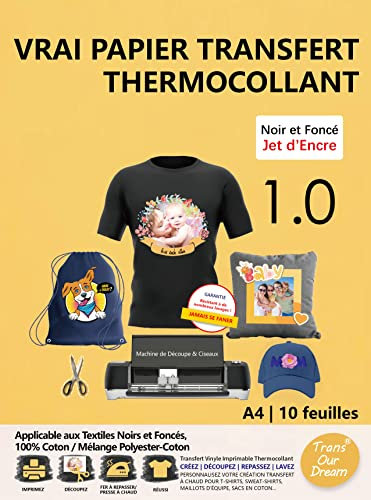 TransOurDream Papier Transfert pour Textile 1.0-10 Feuilles * A4 Papier Transfert pour T-Shirts et Textiles Noirs ou Foncés, thermocollant, Imprimantes Jet d'Encre, Non Impression Miroir FR3-1.0-10